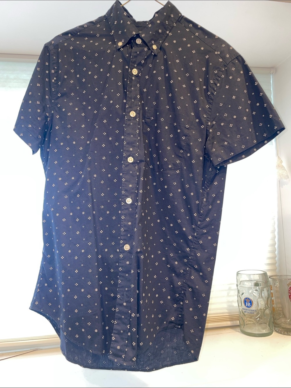 J. Crew Navy Short-Sleeve Button-Down with White Micro Motif